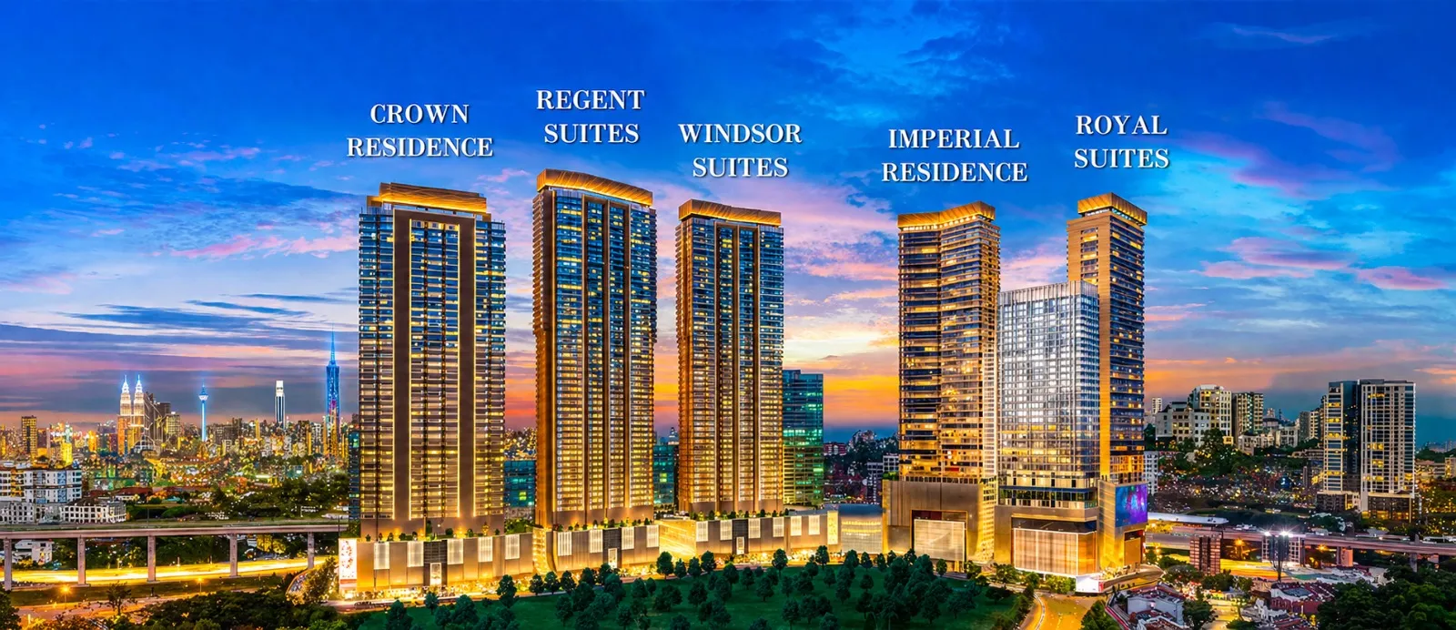 Pavilion Damansara Heights towers — Crown Residence, Regent Suites, Windsor Suites, Imperial Residences, and Royal Suites